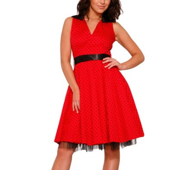 HEARTS & ROSES LONDON | Red & Black Polka Dot A-Line Dress - Picture 2 of 7